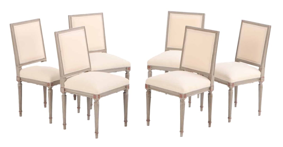 SIX PAINTED AND GILTWOOD LOUIS XVI STYLE DINING CHAIRS C 1940 HAVING NEW FABRIC.: Six painted and giltwood Louis XVI style dining chairs C 1940 having new fabric. Ht: 35.25" Wd: 19" Dpth: 19" Seat: 20"