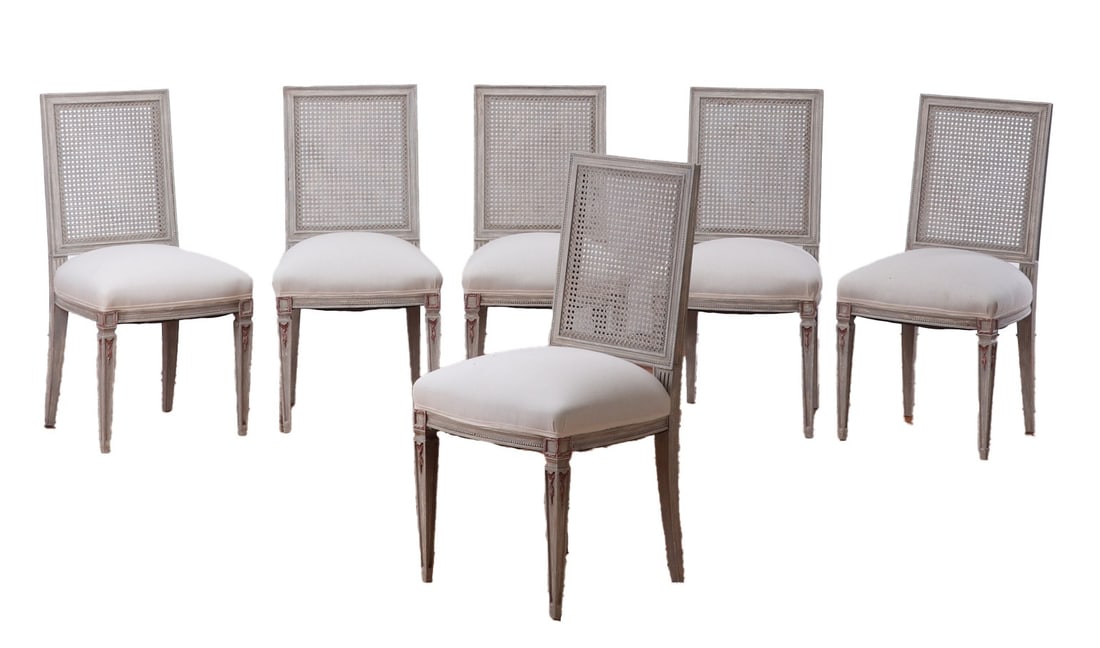 SIX LOUIS XIV STYLE PAINTED AND CANE DINING CHAIRS WITH NEW FABRIC C 1940. (1 of 6)