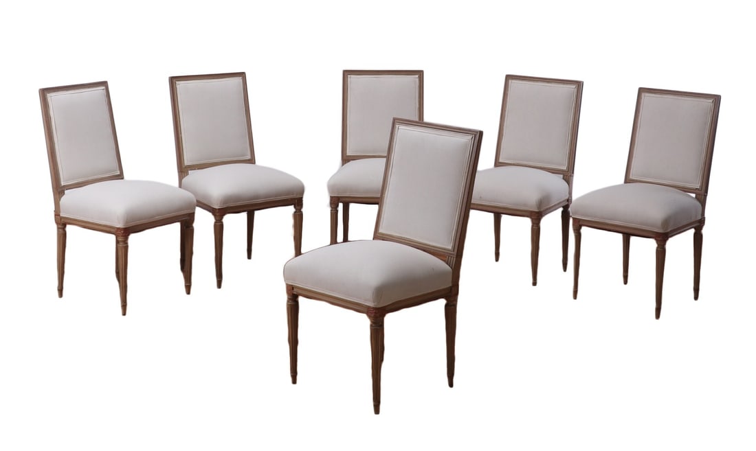 SIX PAINTED LOUIS XVI STYLE DINING CHAIRS C 1940 WITH NEW FABRIC. (1 of 7)
