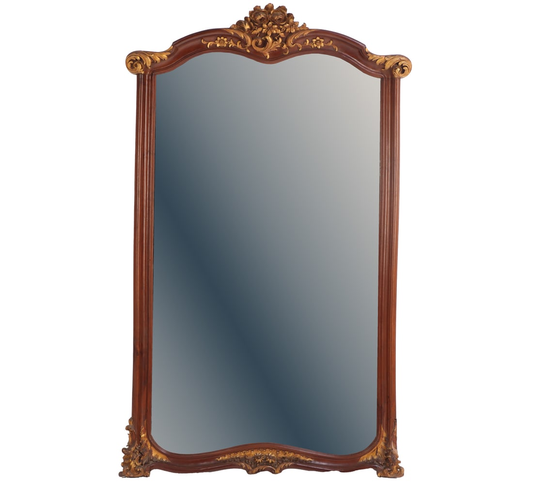 FRENCH LOUIS XV STYLE CARVED WALNUT BEVELED GLASS MIRROR WITH GILT HIGHLIGHTS C 1890. (1 of 7)