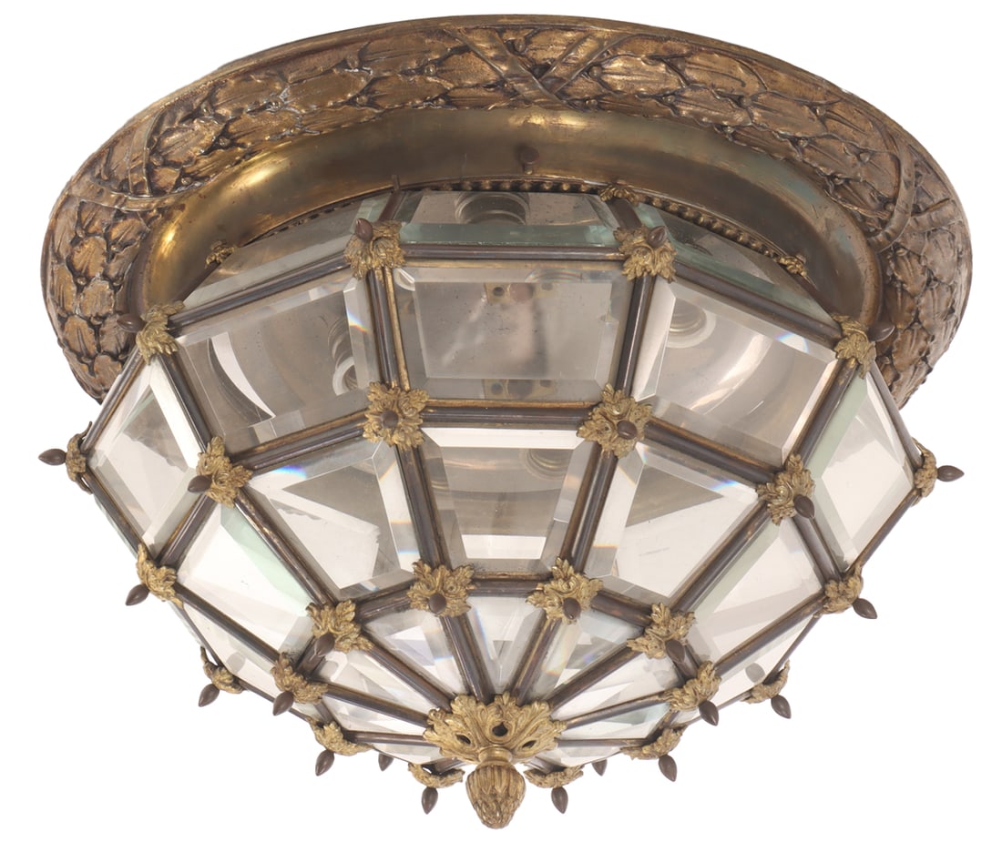 FRENCH BRONZE AND BEVELED GLASS CEILING MOUNT LIGHT FIXTURE IN THE LOUIS XV STYLE C 1930. (1 of 6)