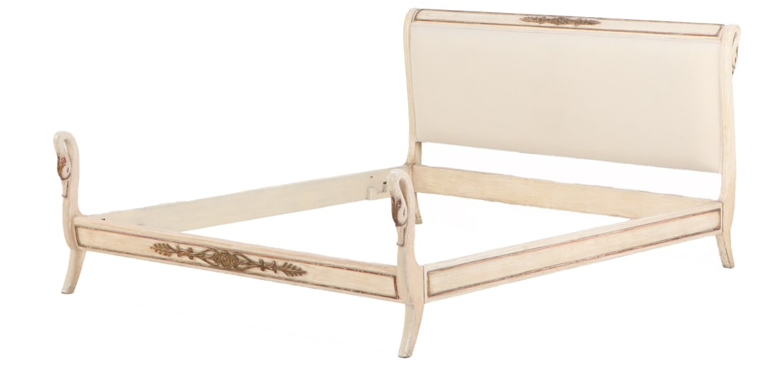 SWAN CARVED AND PAINTED QUEEN WIDTH BED WITH GILT HIGHLIGHTS C 1940. (1 of 7)