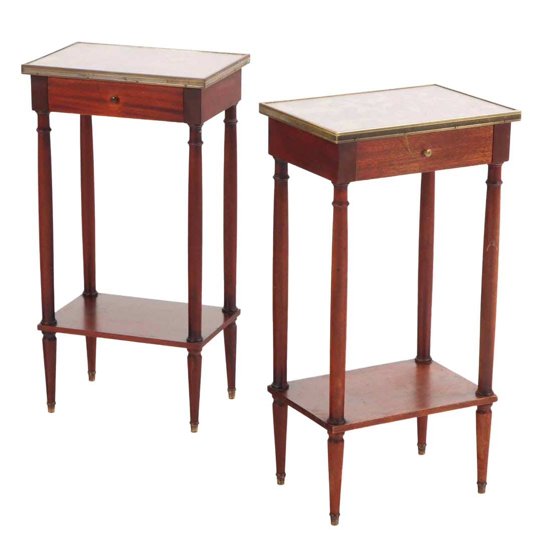 PAIR SOLID MAHOGANY DIRECTOIRE STYLE NIGHT STANDS HAVING A SINGLE DRAWER AND  MOTTLED MIRROR TOPS C (1 of 7)