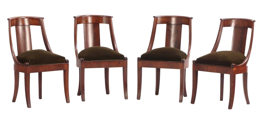 FOUR MAHOGANY NINETEENTH CENTURY GONDOLA FORM CHAIRS HAVING CROTCH MAHOGANY VENEERS. (1 of 8)