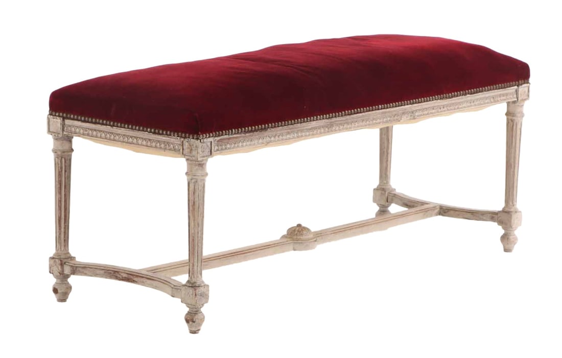 FRENCH PAINTED LOUIS XVI STYLE UPHOLSTERED BENCH C 1920. (1 of 6)