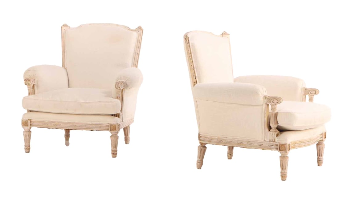 PAIR PAINTED FRENCH LOUIS XVI STYLE UPHOLSTERED BERGERE CHAIRS C 1940 HAVING RECENT FABRIC. (1 of 8)