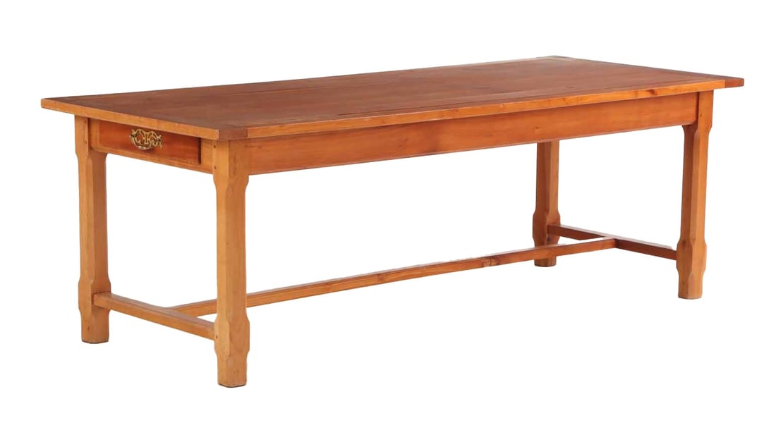 FRENCH SOLID CHERRY FARM TABLE HAVING DRAWERS AND AN H FORM STRETCHER C 1940. (1 of 8)