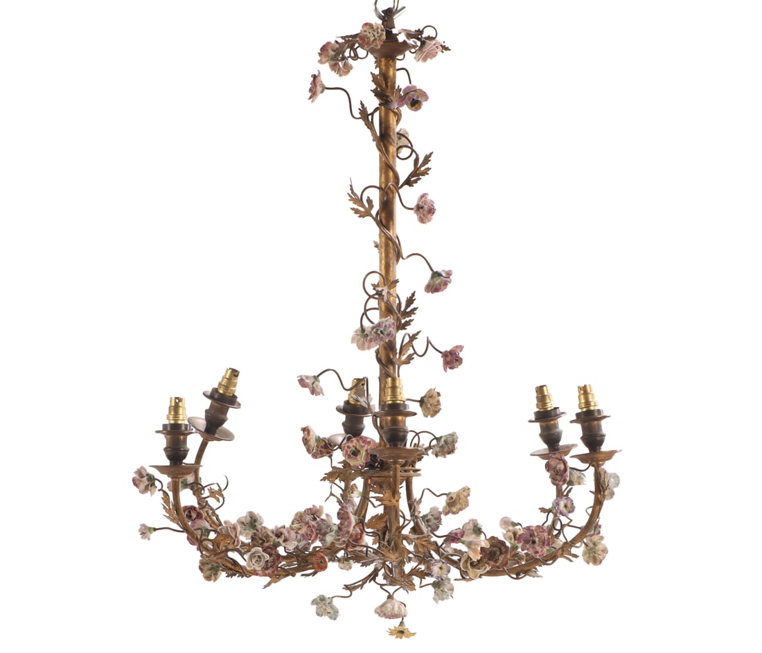 FRENCH SIX ARM BRASS CHANDELIER HAVING PORCELAIN FLOWER DECORATION C 1900. (1 of 6)