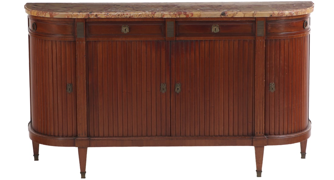 FRENCH MAHOGANY MARBLE TOP SIDEBOARD IN THE DIRECTOIRE STYLE HAVING FOUR DRAWERS OVER FOR (1 of 7)