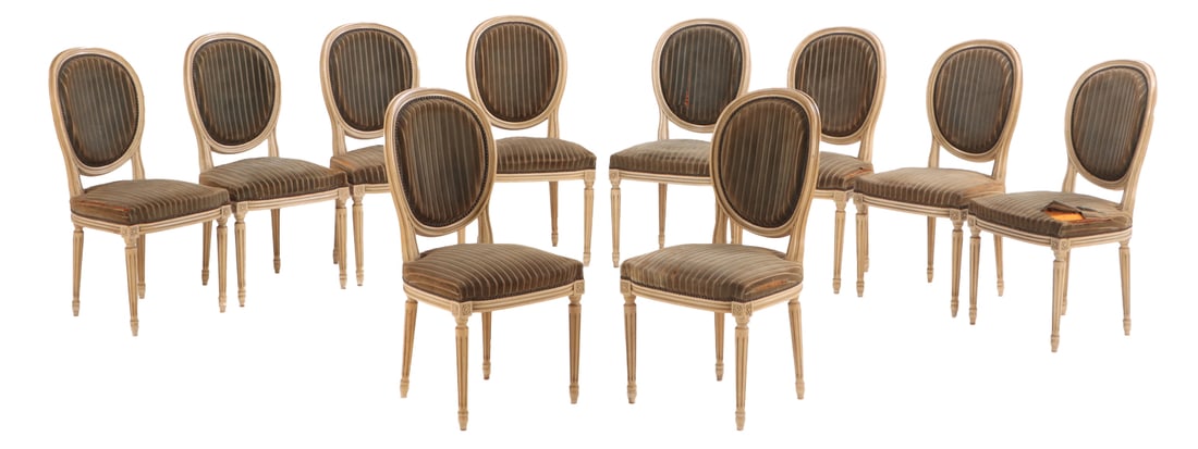 TEN FRENCH PAINTED AND UPHOLSTERED LOUIS XVI STYLE DINING ROOM CHAIRS C 1940. (1 of 8)