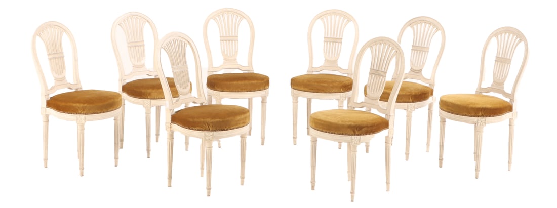 EIGHT FRENCH PAINTED LOUIS XVI STYLE DINING CHAIRS C 1930. (1 of 7)