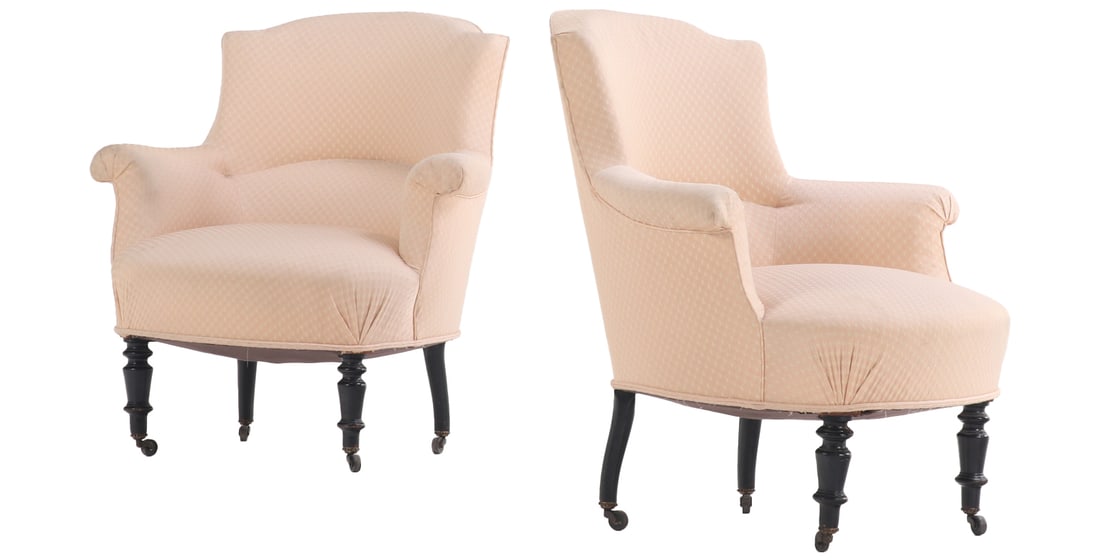 PAIR FRENCH NAPOLEON III LOUNGE CHAIRS C 1860 HAVING EBONIZED TURNED LEGS.: Pair French Napoleon III lounge chairs C 1860 having ebonized turned legs. Ht: 32.5" Wd: 30.5" Dpth: 30" Seat: 16"
