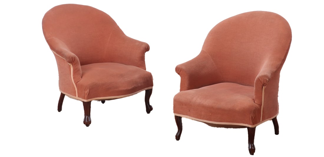 PAIR FRENCH NINETEENTH CENTURY LOUNGE CHAIRS RESTING ON WALNUT FEET. (1 of 6)