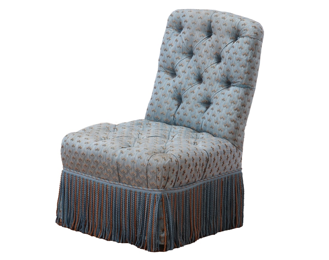 FRENCH NAPOLEON III SLIPPER CHAIR WITH FRINGE DECORATION C 1860. (1 of 8)