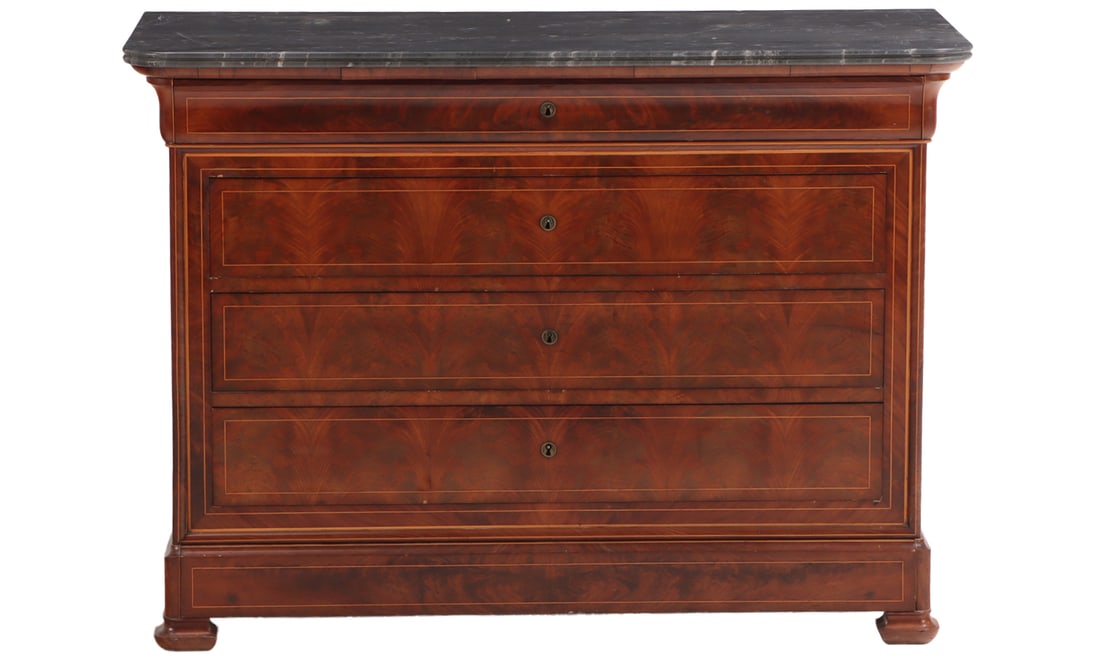 FRENCH FOUR DRAWER LOUIS PHILIPPE CROTCH MAHOGANY MARBLE TOP COMMODE C 1860. (1 of 8)