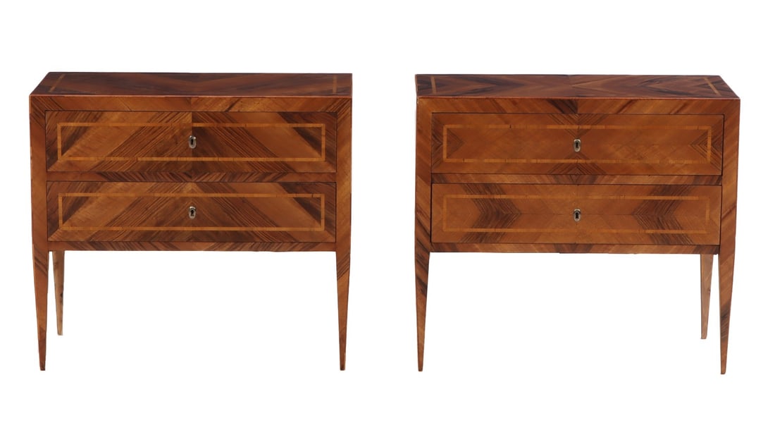 PAIR ITALIAN WALNUT NEO-CLASSICAL STYLE TWO DRAWER COMMODES  1950. (1 of 6)