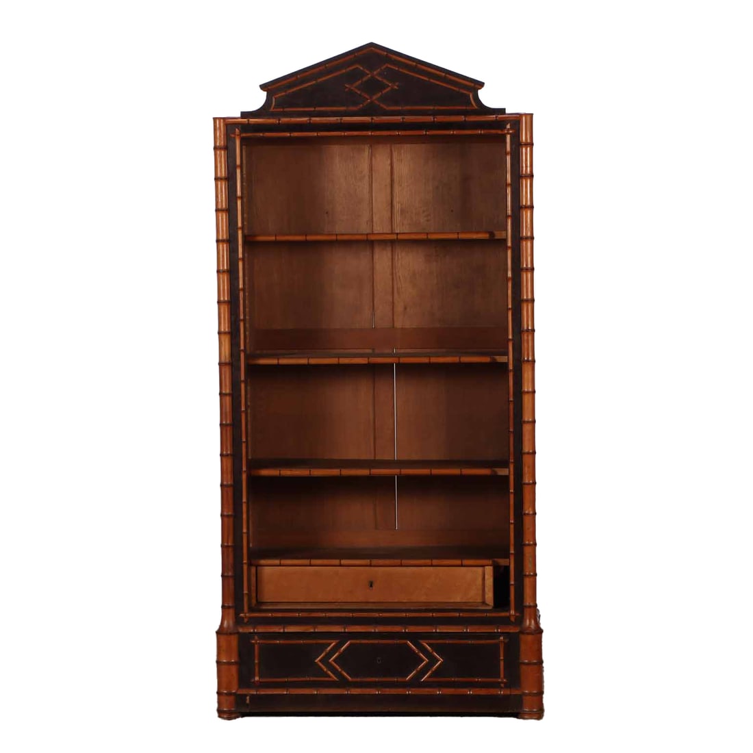 FRENCH MAPLE FAUX BAMBOO OPEN BOOKCASE WITH ADJUSTABLE SHELVES AND REMOVEABLE INTERIOR DRAWER (1 of 5)
