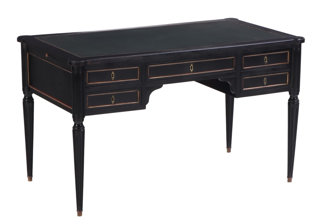 FRENCH EBONIZED LOUIS XVI STYLE LEATHER TOP BRONZE MOUNTED WRITING DESK WITH LEATHER PULL OUT SLIDES (1 of 7)