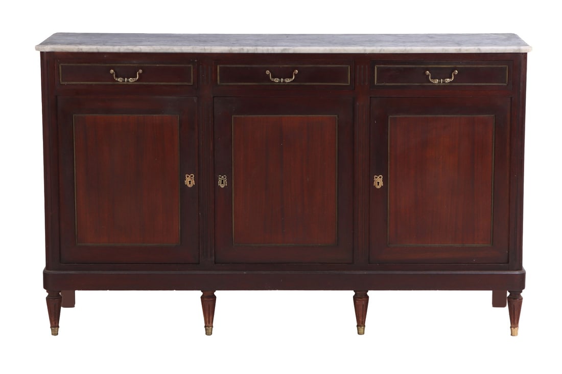 FRENCH MAHOGANY AND BRONZE MOUNTED LOUIS XVI STYLE MARBLE TOP SIDEBOARD HAVING THREE DRAWERS C 1950. (1 of 6)