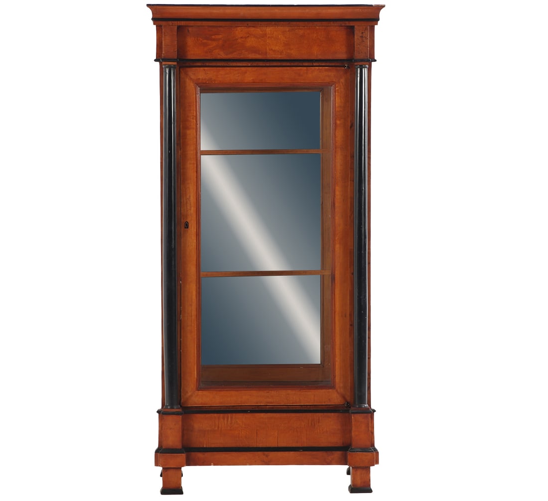BIEDERMEIER STYLE SINGLE DOOR BOOKCASE C 1940 HAVING EBONIZED COLUMNS. (1 of 7)