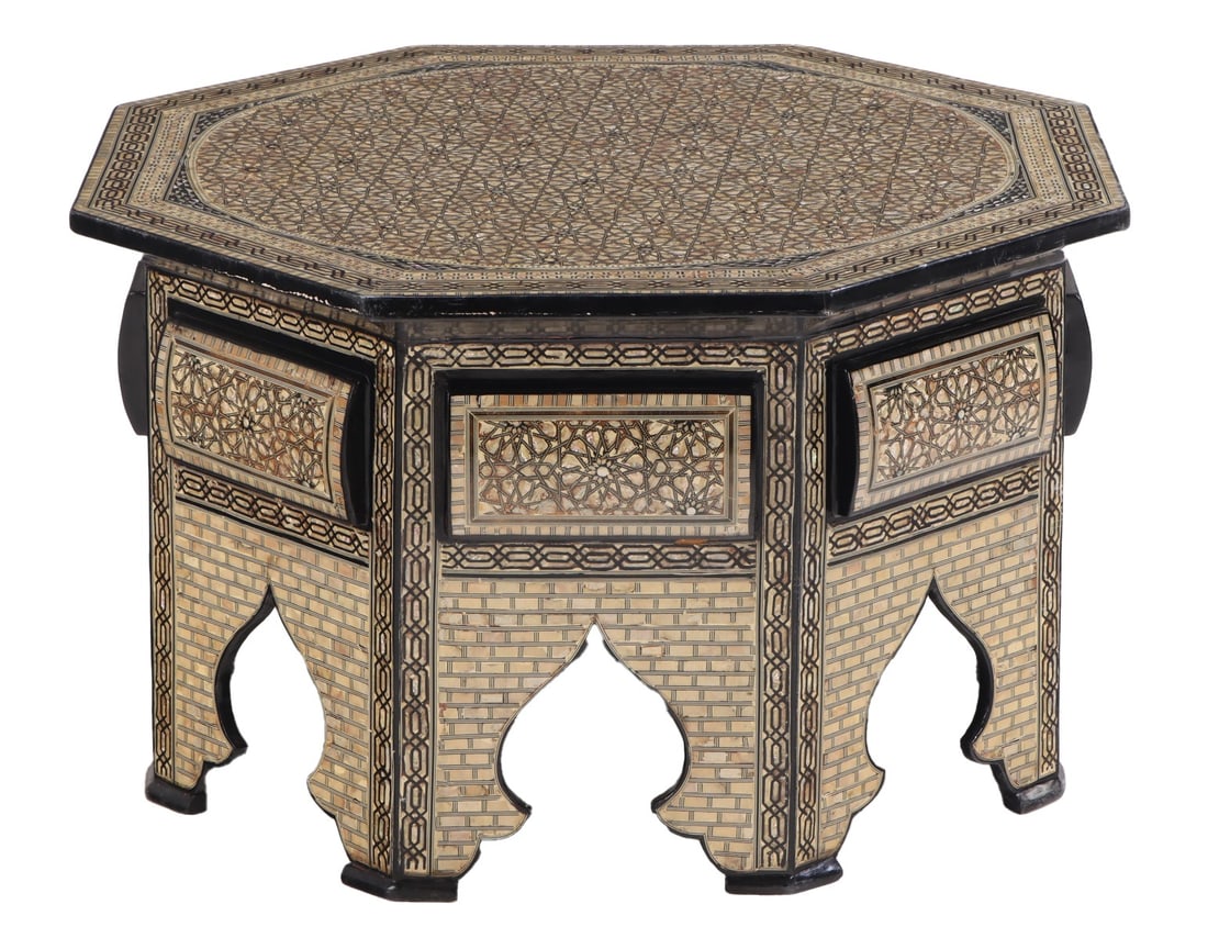 LARGE WOOD SYRIAN STYLE OCCASIONAL TABLE HAVING MOTHER OF PEARL INLAY. (1 of 7)