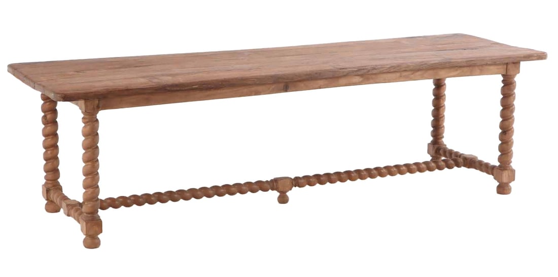 LARGE NINETEENTH CENTURY CONTINENTAL OAK FARM TABLE HAVING A TWISTED STRETCHER BASE. (1 of 7)