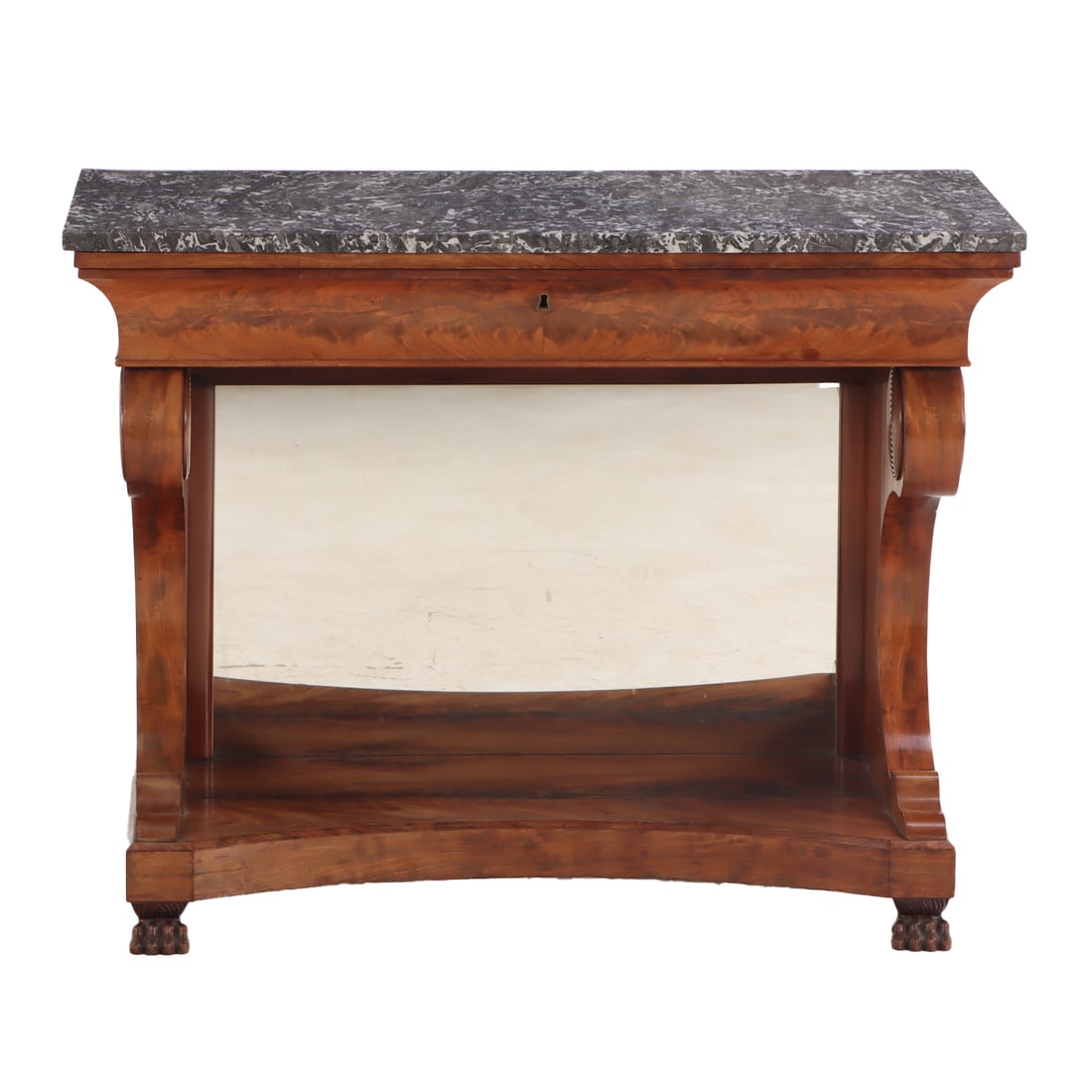 FRENCH SCROLL FORM CROTCH MAHOGANY MARBLE TOP CONSOLE TABLE HAVING A SINGLE DRAWER C 1860. (1 of 5)