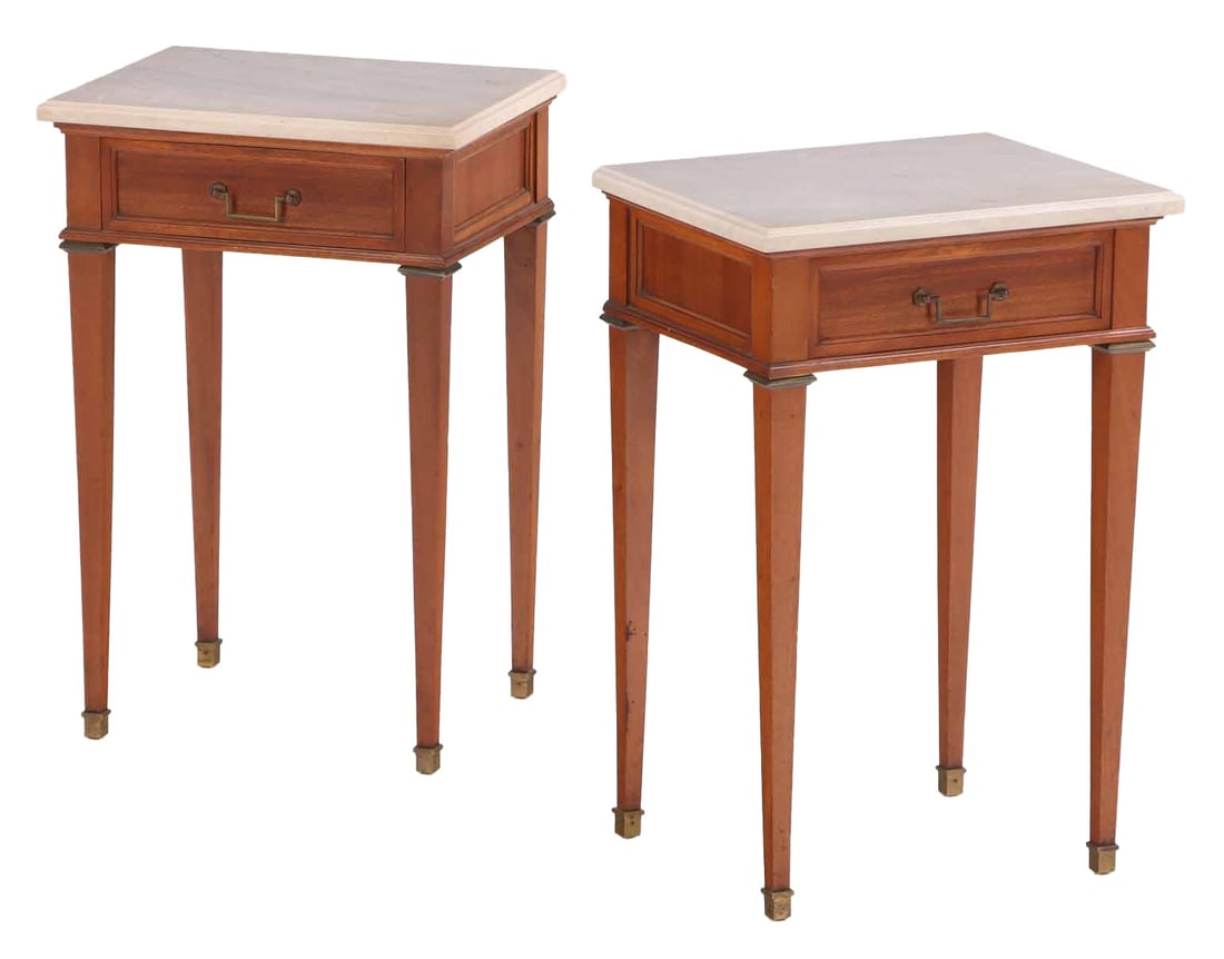 PAIR MAHOGANY BRONZE MOUNTED MARBLE TOP TABLES HAVING A SINGLE DRAWER C 1950. (1 of 5)