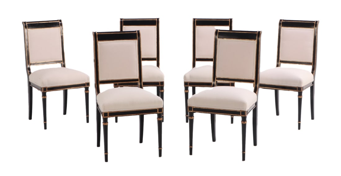 SIX EBONIZED AND GILT DIRECTOIRE STYLE DINING CHAIRS WITH NEW FABRIC ATTRIBUTED TO COMTE C 1945. (1 of 6)