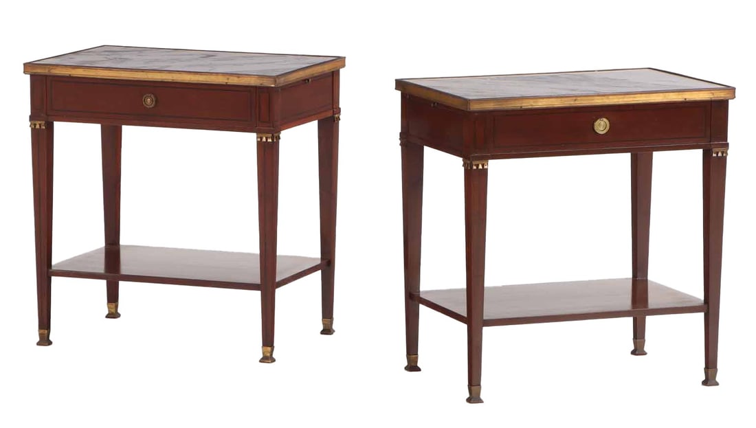 PAIR OF MAHOGANY BRONZE MOUNTED MARBLE TOP END TABLES WITH LEATHER PULL OUT SLIDES IN THE MANNER (1 of 5)