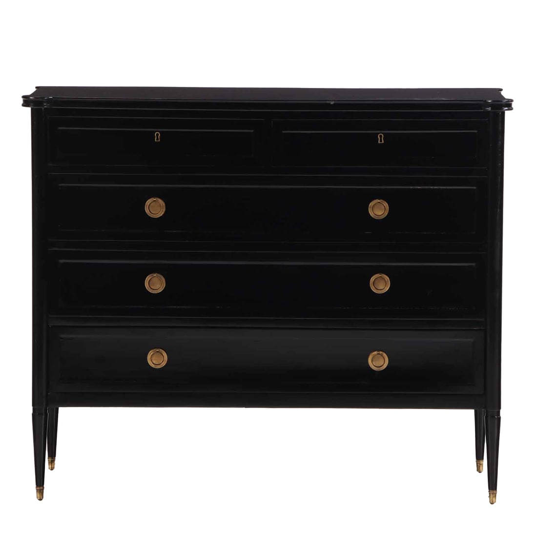 FIVE DRAWER EBONIZED DRESSER IN THE DIRECTOIRE STYLE HAVING BRASS HARDWARE C 1940.: Five drawer ebonized dresser in the Directoire style having brass hardware C 1940. Ht: 25.5" Wd: 42.5" Dpth: 17.75"