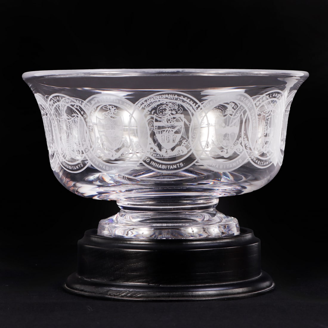 J.E. CALDWELL CRYSTAL CONSTITUION BOWL WITH ENGRAVINGS OF THE COAT OF ARMS FOR THE 13 COLONIES (1 of 6)