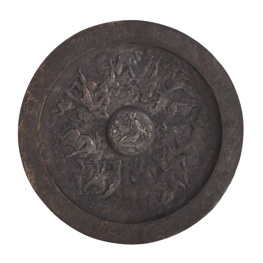 LARGE ITALIAN METAL RELIEF CHARGER IN THE MANNER OF EUGENIO BELLOSIO ALLEGORICAL FIGURES IN BATTLE: Large Italian metal relief charger in the manner of Eugenio Bellosio allegorical figures in battle scenes c 1900 Ht: 26.75" Wd: 26.75"