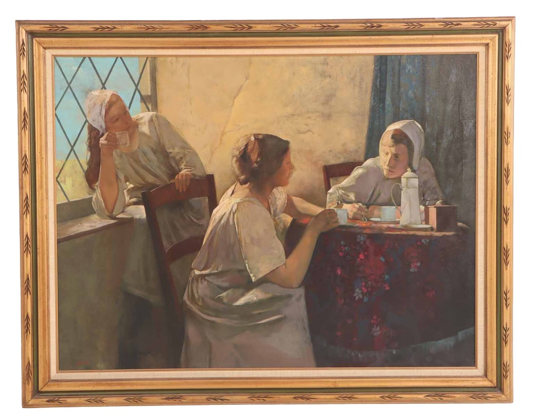 LARGE FRAMED PAINTING OF THREE DUTCH WOMEN IN AN INTERIOR, OIL ON CANVAS, INDISCERNABLE SIGNATURE. (1 of 8)