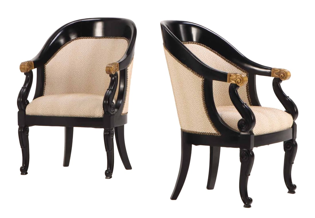 EBONIZED AND GILT CARVED EMPIRE STYLE LOUNGE CHAIRS BY MICHAEL TAYLOR FOR BAKER. (1 of 8)