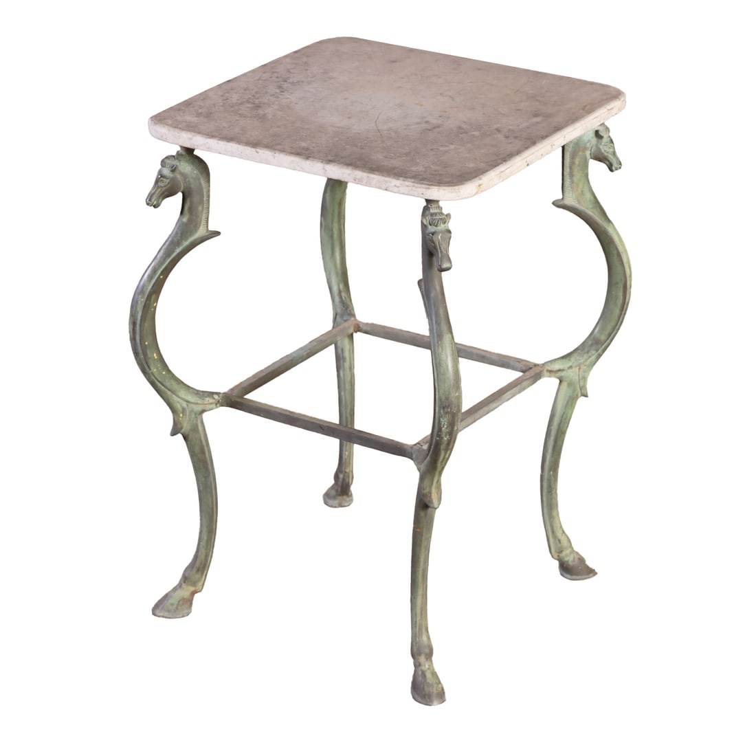 FANTASY MARBLE TOP ITALIAN BRONZE GARDEN TABLE HAVING HORSE HEADS AND FEET AND A WONDERFUL VERDI