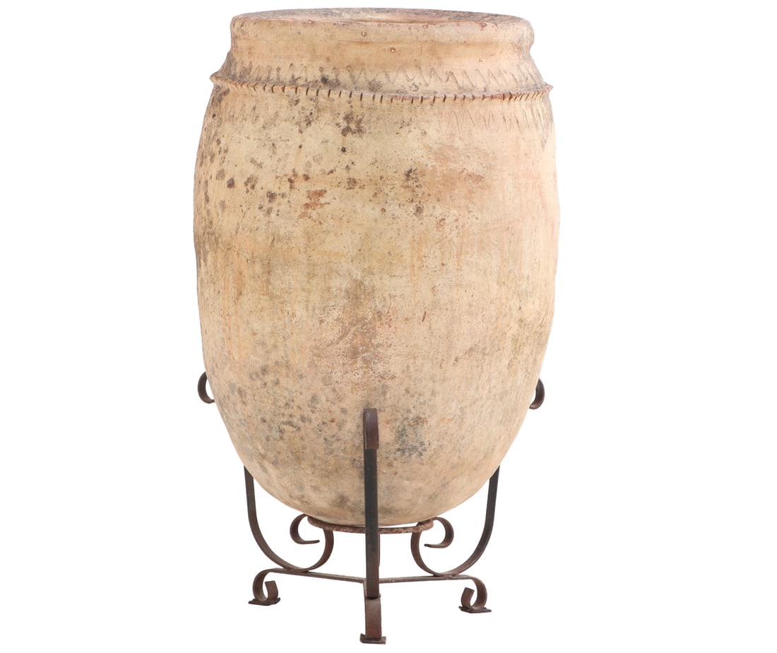 LARGE ITALIAN TERRACOTTA OLIVE JARDINIERE ON IRON STAND.: Large Italian terracotta olive jardiniere on iron stand. Ht: 36.5" Wd: 20" Dpth: 20"