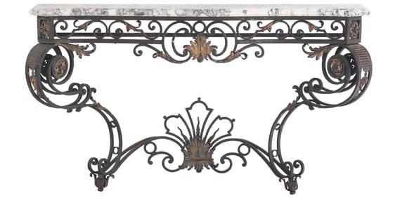SCROLL FORM FRENCH WROUGHT IRON MARBLE TOP CONSOLE TABLE WITH GILT DETAILS C 1900.