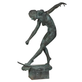 BRONZE GARDEN SCULPTURE BY EDGARD SIMONE DEPICTING A NUDE FEMALE FIGURE C1925.