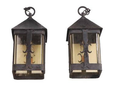 PAIR OF FRENCH HANGING WROUGHT IRON LANTERNS WITH BIOT GLASS C 1920.