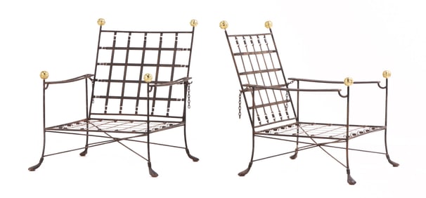 RARE PAIR OF IRON AND BRASS ARM CHAIRS IN THE MANNER OF JANUS ET CIE WITH ADJUSTABLE BACKS