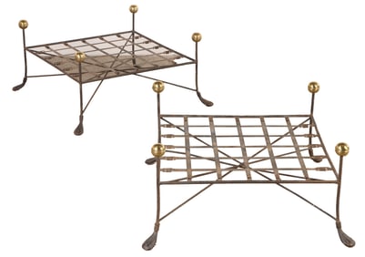 RARE PAIR OF IRON AND BRASS STOOLS ATTRIBUTED TO SALTERINNI C 1960. NO CUSHIONS PRESENT.