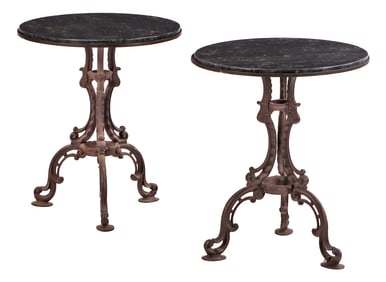 PAIR OF CAST IRON GARDEN TABLES HAVING  NERO PORTO ITALIAN MARBLE TOPS C 1900.