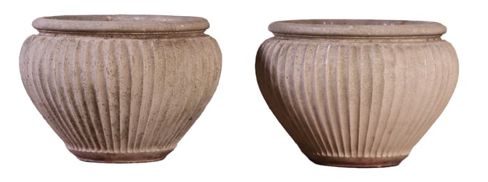 LARGE PAIR OF MELON FORM RIBBED PLANTERS IN CAST STONE C 1950.