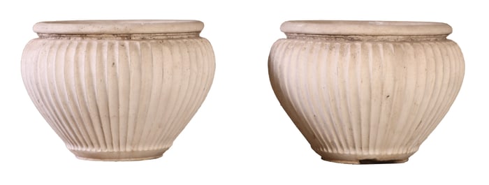LARGE PAIR OF MELON FORM RIBBED PLANTERS IN CAST STONE C 1950.