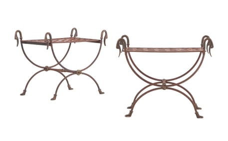 PAIR FRENCH IRON CURULE STOOLS WITH WOVEN SEATS AND BRASS SWAN HEAD TERMINALS.