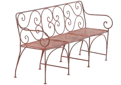 ELEGANT FRENCH IRON GARDEN BENCH WITH SCROLL FORM DESIGN AND OLD RED PAINT C 1930.
