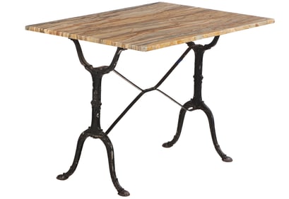 FRENCH CAST IRON BISTRO TABLE HAVING A BEAUTIFUL GIALLO SIENNA MARBLE TOP.