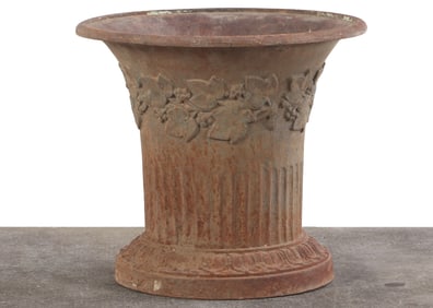 NINETEENTH CENTURY FRENCH CAST IRON TABLE TOP  URN HAVING GRAPE AND LEAF DECORATION.