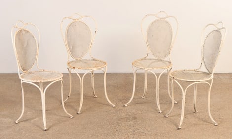FINE SET OF FOUR FRENCH WROUGHT IRON GARDEN CHAIRS WITH MESH SEATS AND BACKS C 1920.
